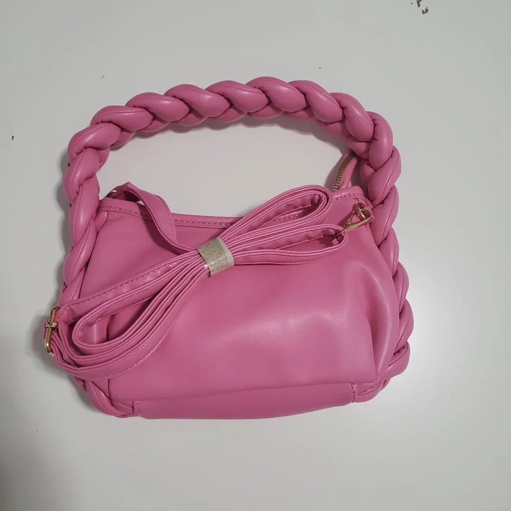 New Braided Handle Vegan Leather Hobo Bag in Bubblegum Pink‎